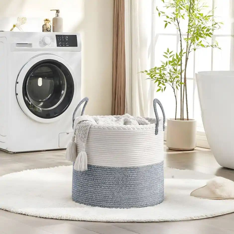 PrettyKrafts Jute Basket | Organizer for Toys, Laundry, Clothes & Planter Use - White Grey