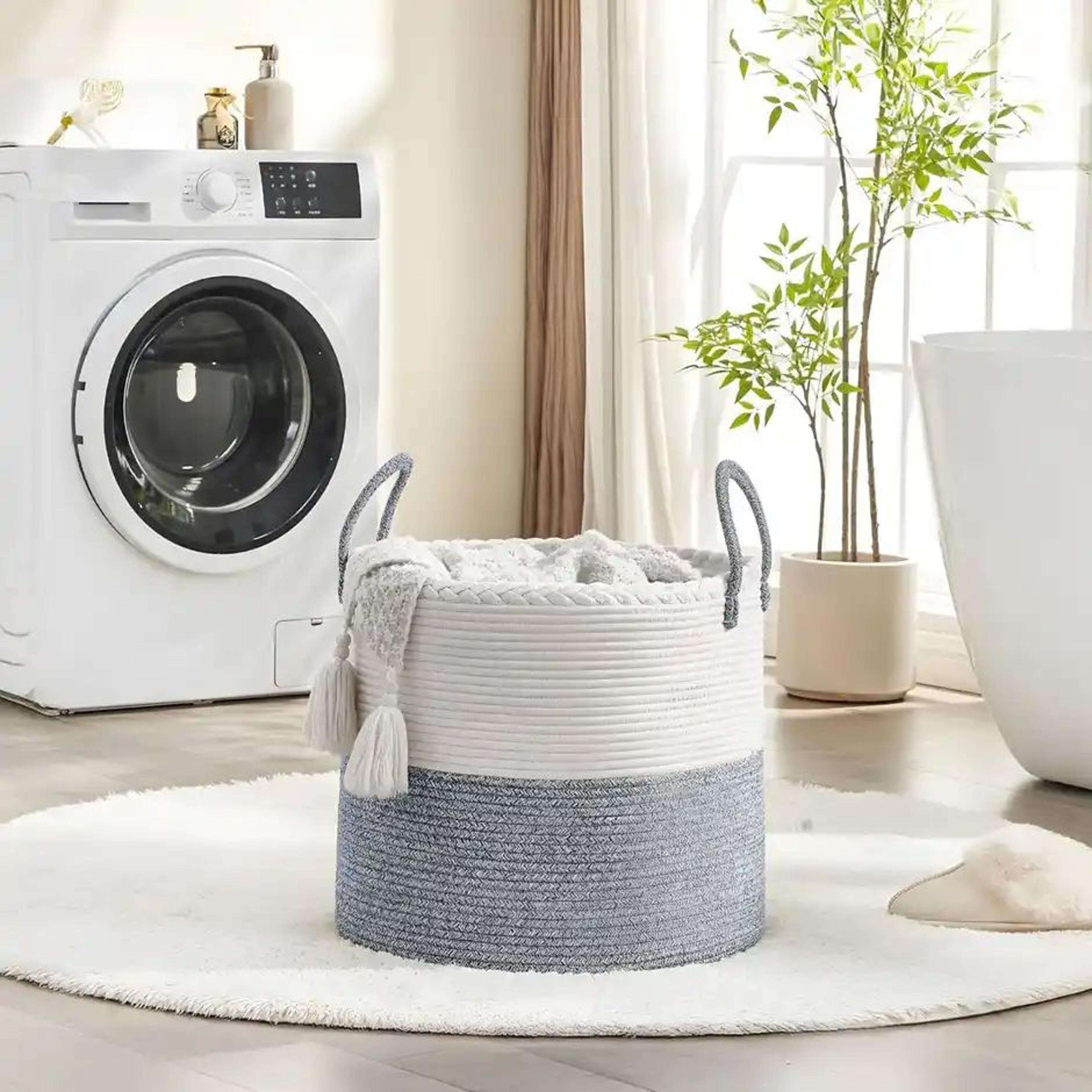 PrettyKrafts Jute Basket | Organizer for Toys, Laundry, Clothes & Planter Use - White Grey