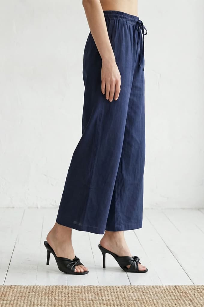 Navy Blue Cotton Flax Ankle Length Relaxed Pants — photo 6