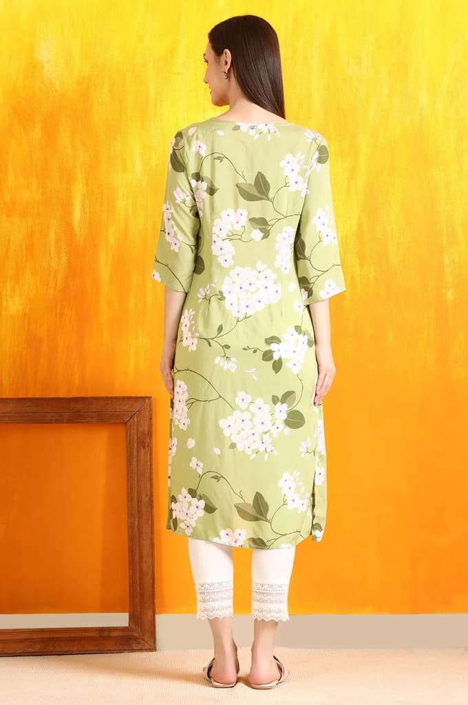 Green Bold Floral Printed Modal Straight Kurta — photo 6