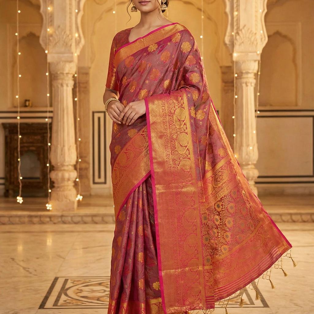 MIMOSA Women's Woven Design Kanjivaram Style Art Silk Saree with Blouse Piece - Rani ( SA00003142RNFREE )