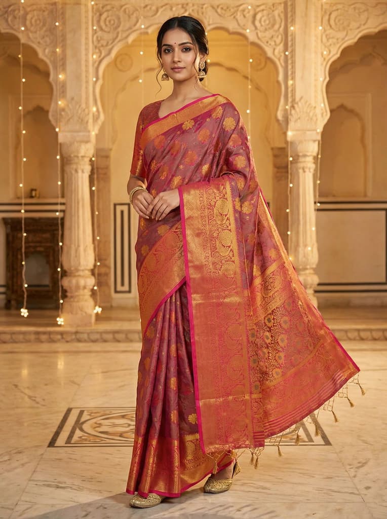 MIMOSA Women's Woven Design Kanjivaram Style Art Silk Saree with Blouse Piece - Rani ( SA00003142RNFREE ) — Default Title