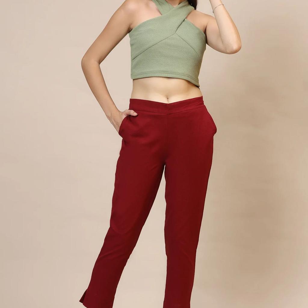 Maroon Solid Straight Fit Cotton Trousers With Elasticated Waist
