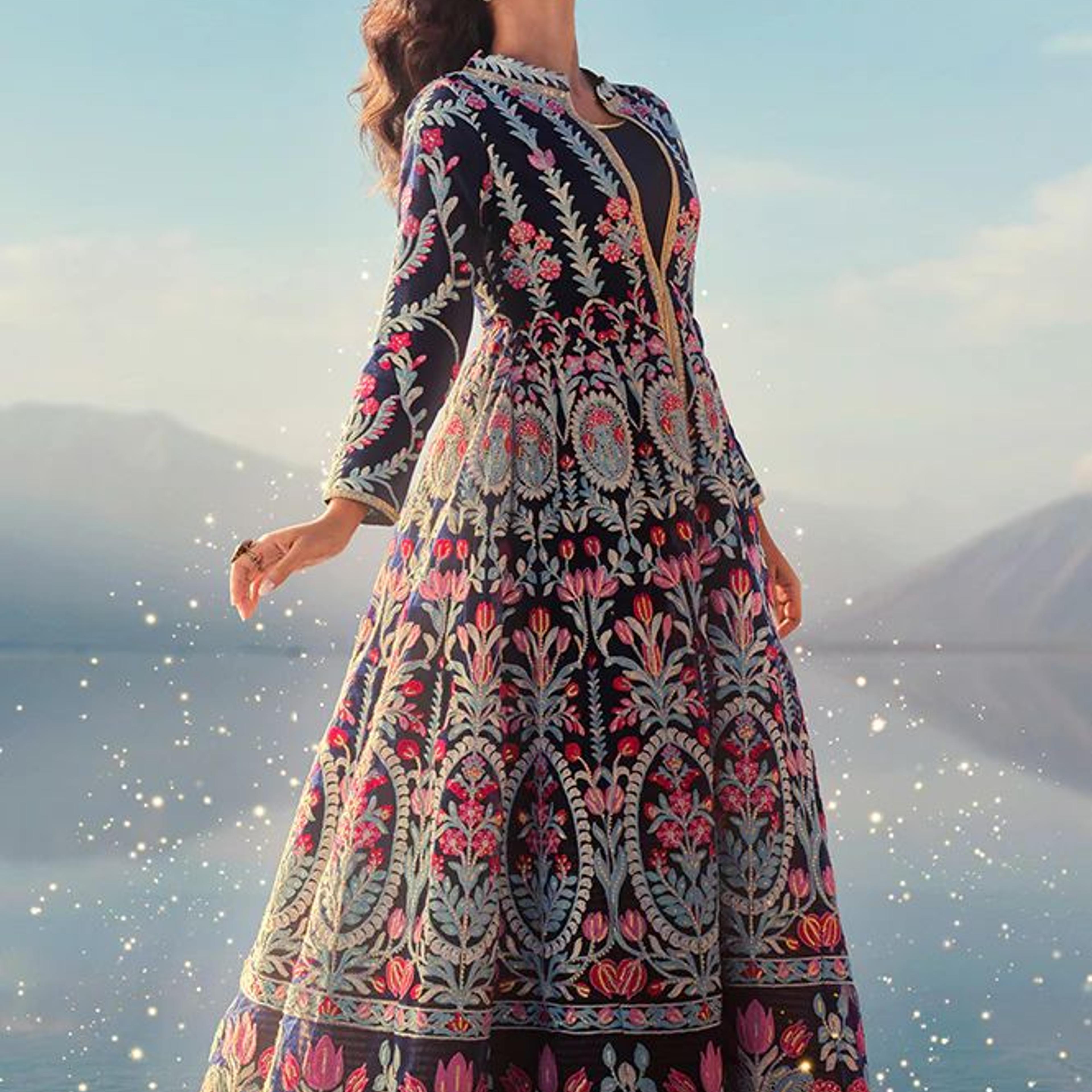 Navy Blue Aari Embroidery Panelled Jacket and Sleeveless Anarkali Dress Set