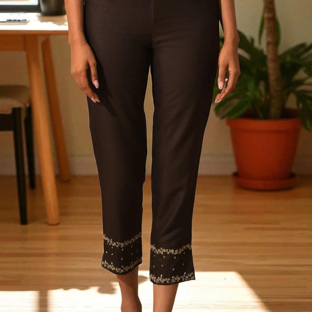 Brown Embroidered Viscose Silk Tussar Slim Pants