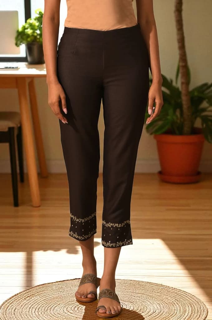 Brown Embroidered Viscose Silk Tussar Slim Pants — XS