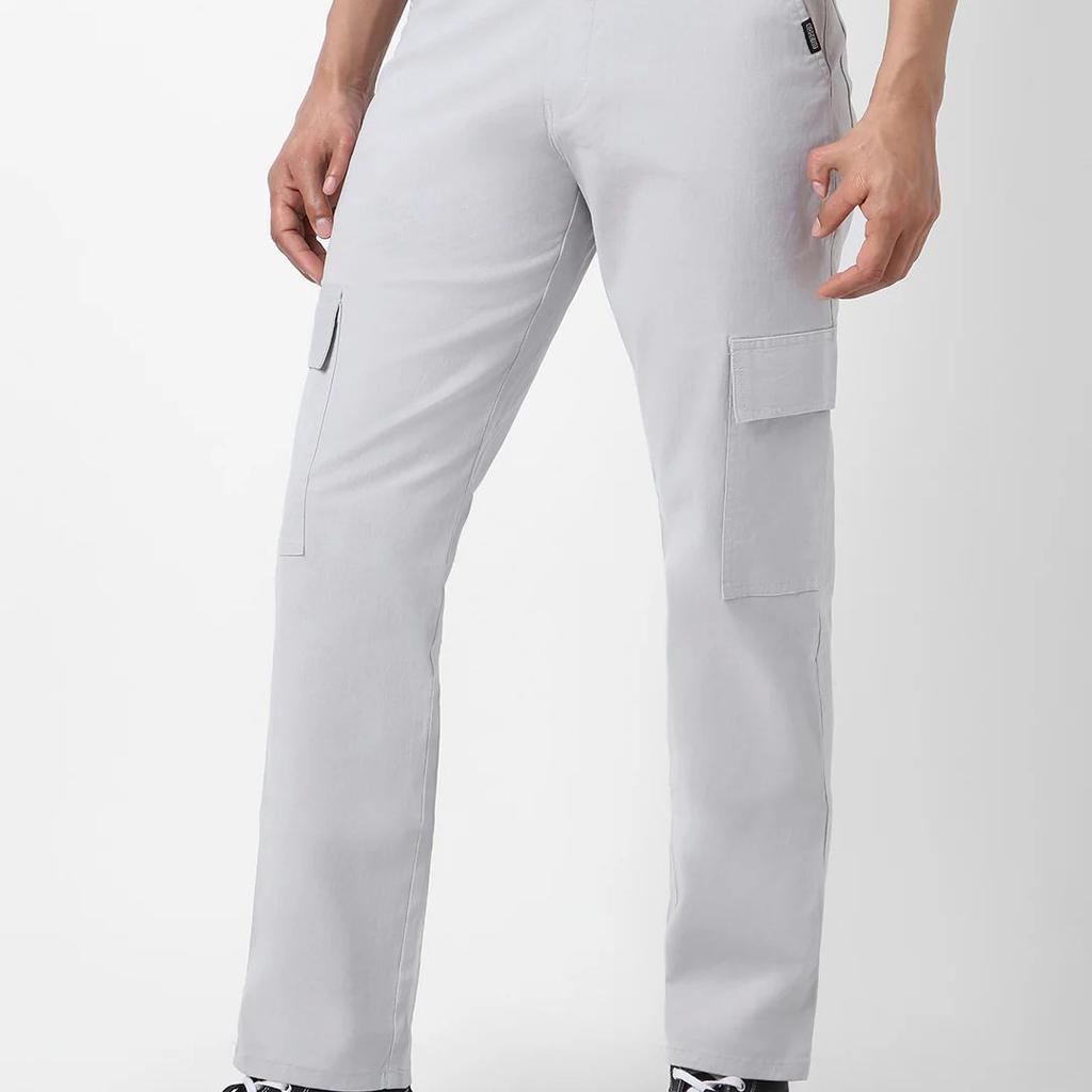 Men's Ice Grey Regular Fit Solid Cargo Chino Pant with 6 Pockets Stretchable