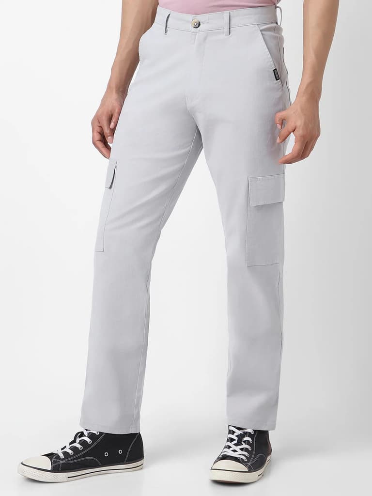 Men's Ice Grey Regular Fit Solid Cargo Chino Pant with 6 Pockets Stretchable — 28 / Ice Grey