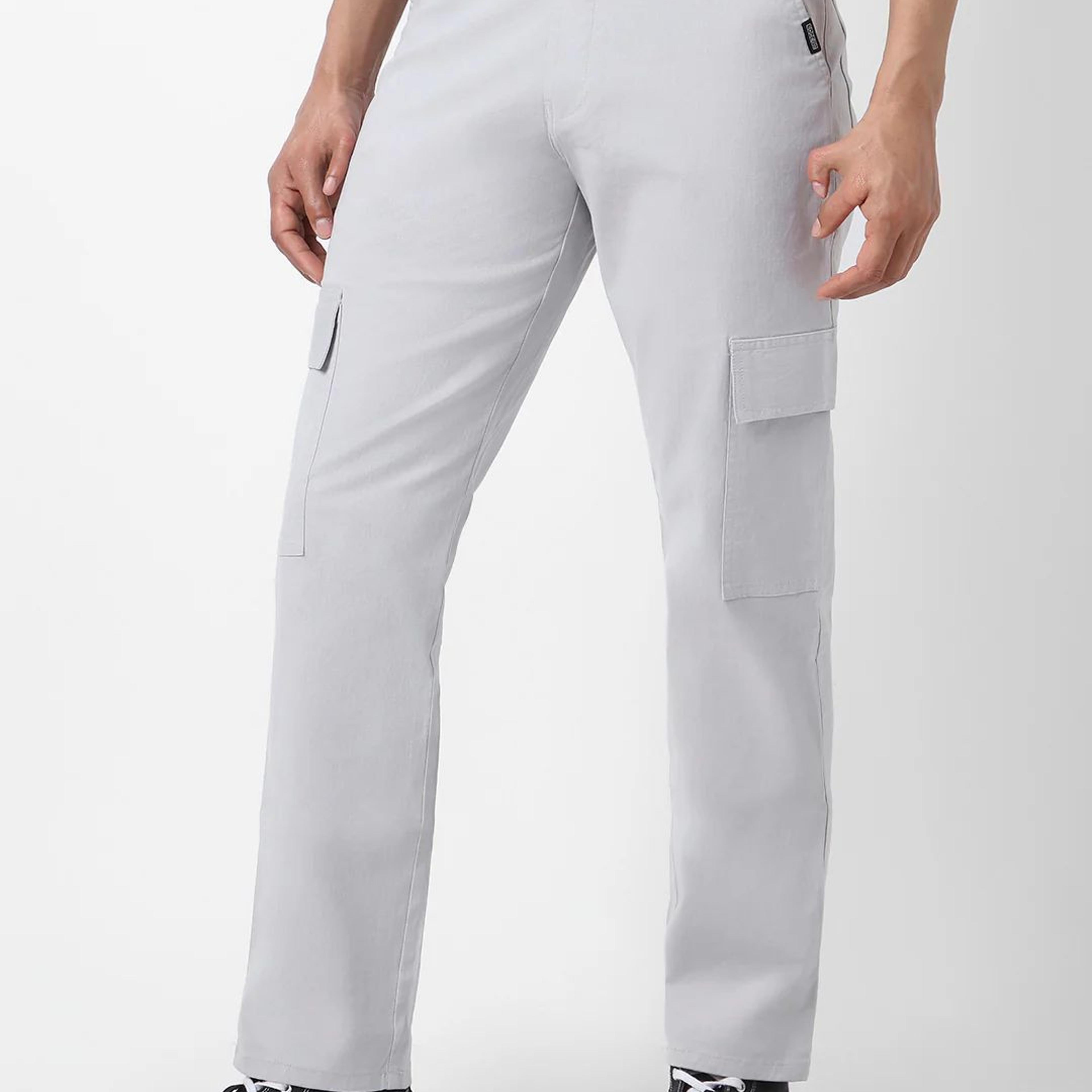 Men's Ice Grey Regular Fit Solid Cargo Chino Pant with 6 Pockets Stretchable
