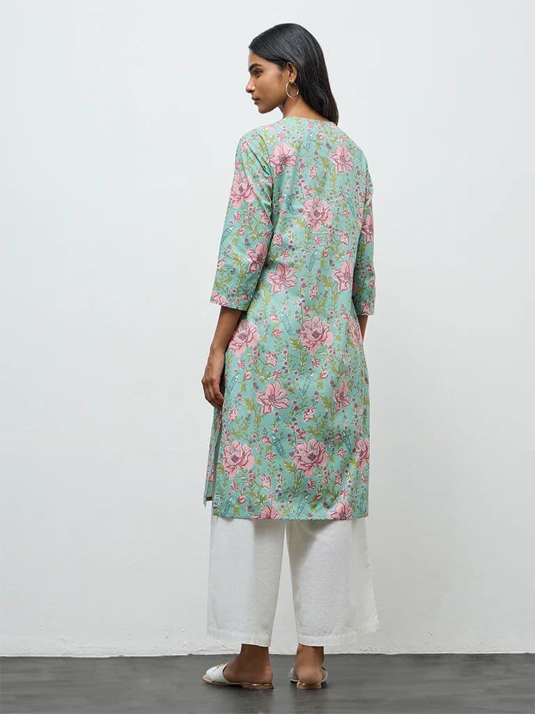 Utsa Aqua Floral Printed Cotton Straight Kurta — photo 4