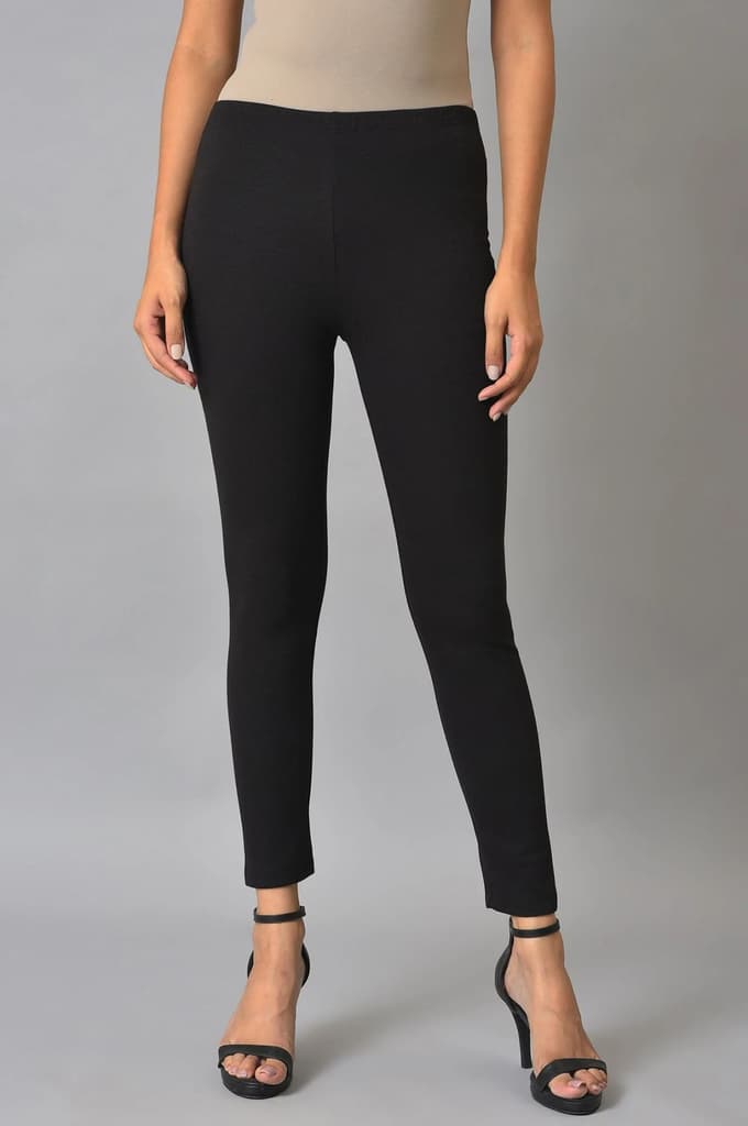 Black Solid Skinny Fit Cotton Tights With Elasticated Waistband