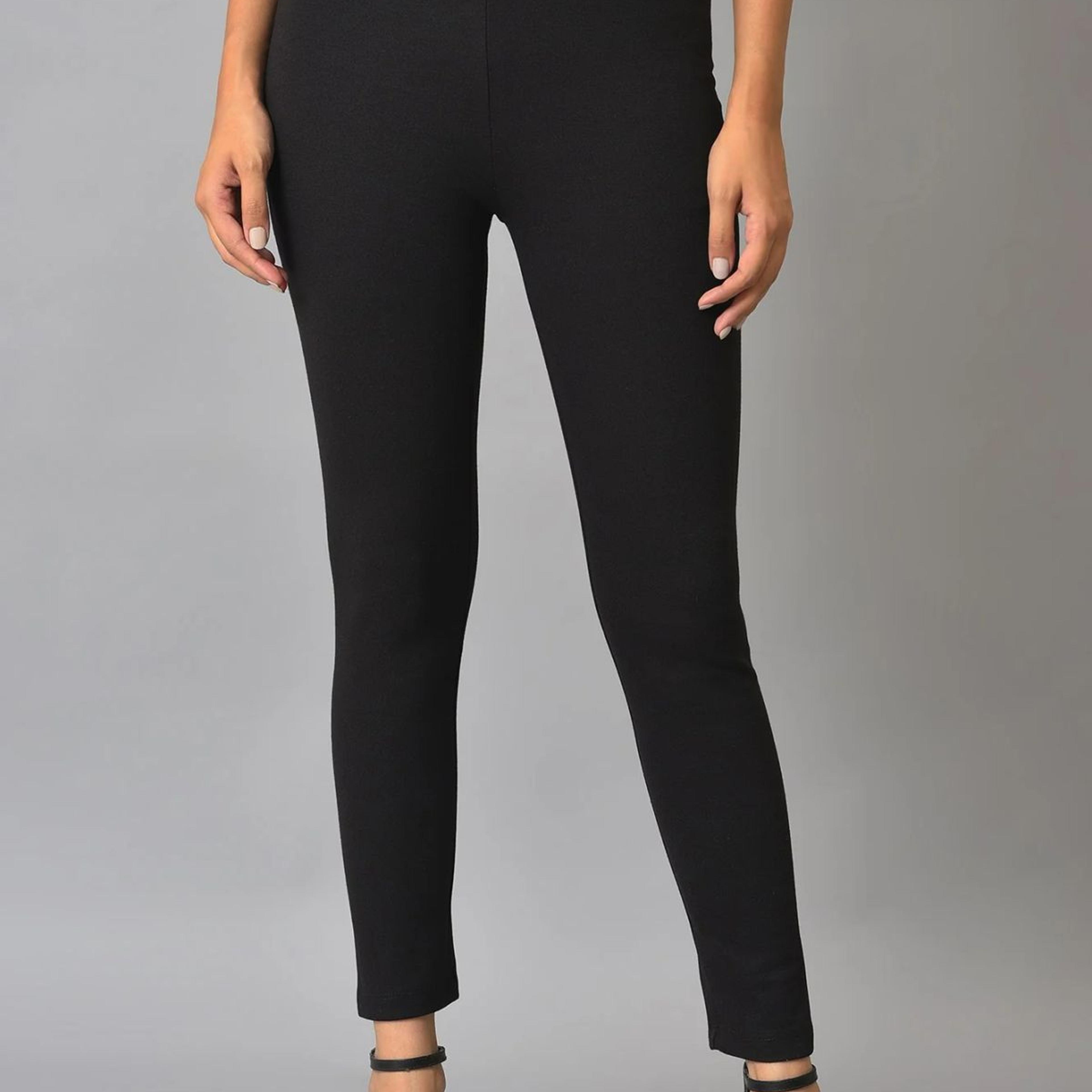 Black Solid Skinny Fit Cotton Tights With Elasticated Waistband