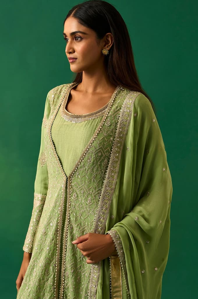 Green Embroidered Anarkali Dress with Churidar and Dupatta Set — photo 2