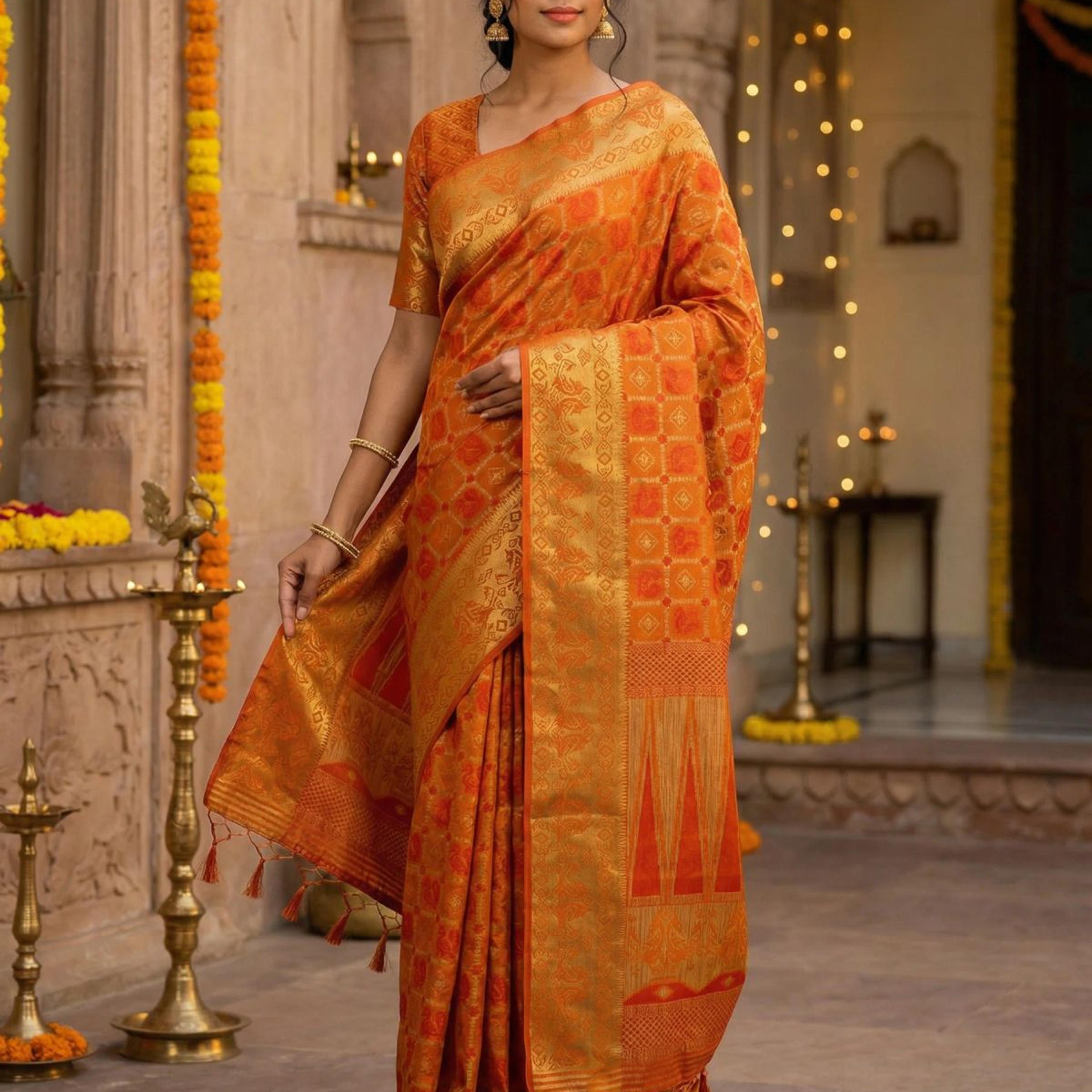 MIMOSA Women's Woven Design Patola Style Raw Silk Saree with Blouse Piece - Mustard ( SA00003139MSFREE )