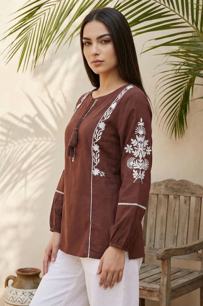 Brown Floral Embroidered Straight Top — photo 3