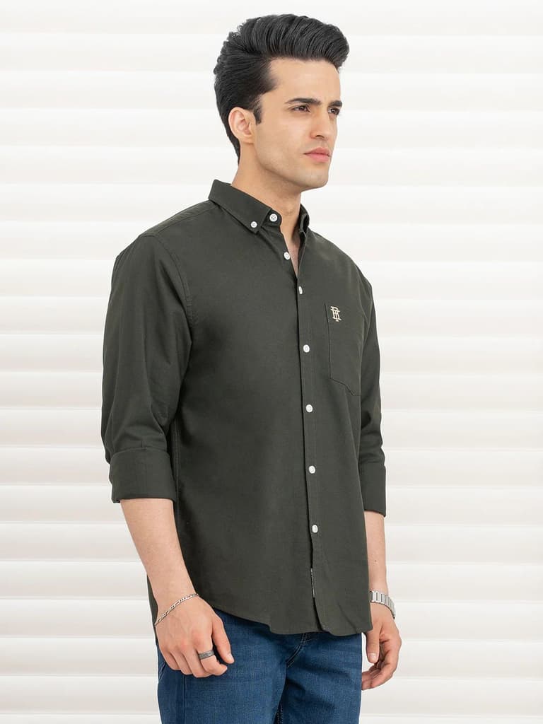 Shirts for Men in Dark Olive | Cotton Oxford Full Sleeve Shirt — photo 5