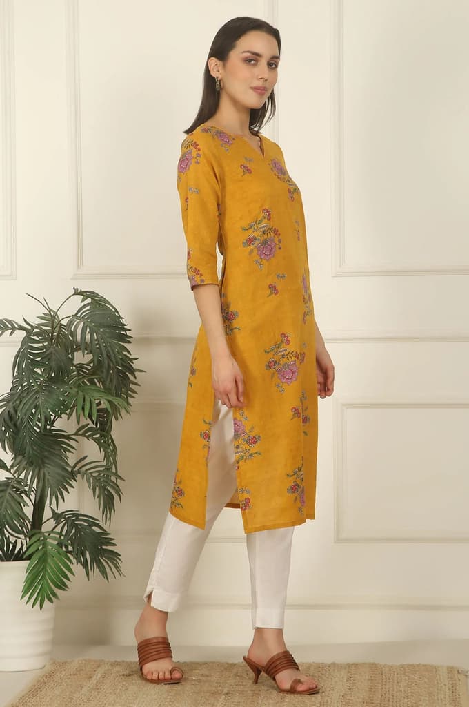 Mustard Yellow Swiss Dot Textured Cotton Straight Kurta — photo 7