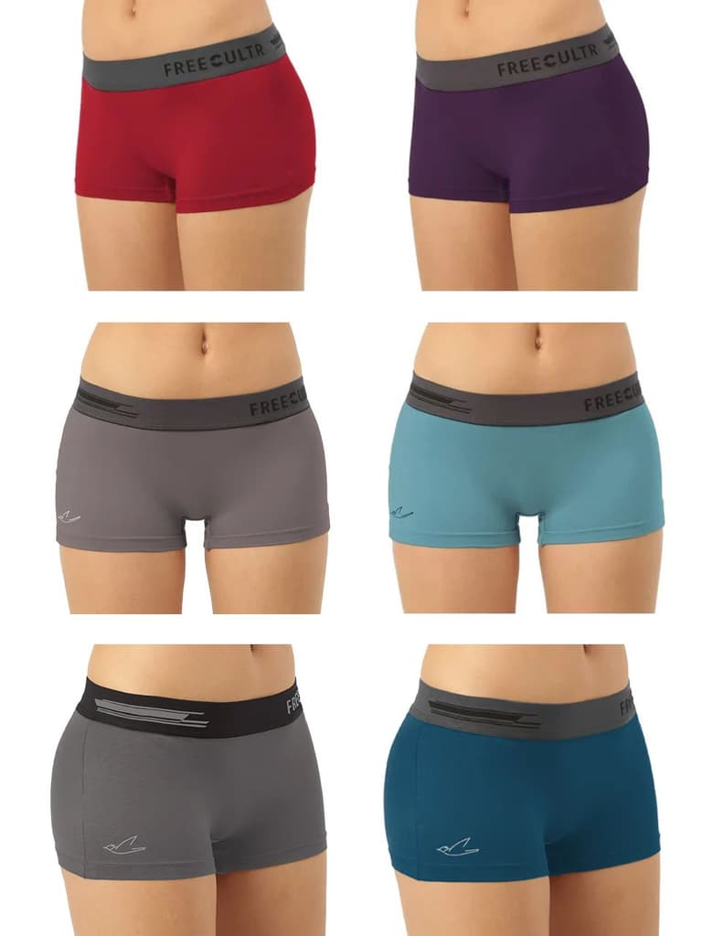 Women's Micro Modal Boy Shorts (Pack of 6) — Ash Grey; Martini Blue; Midnight Blue; Sassy Red; Smoke Grey; Trippy Violet / S / Women