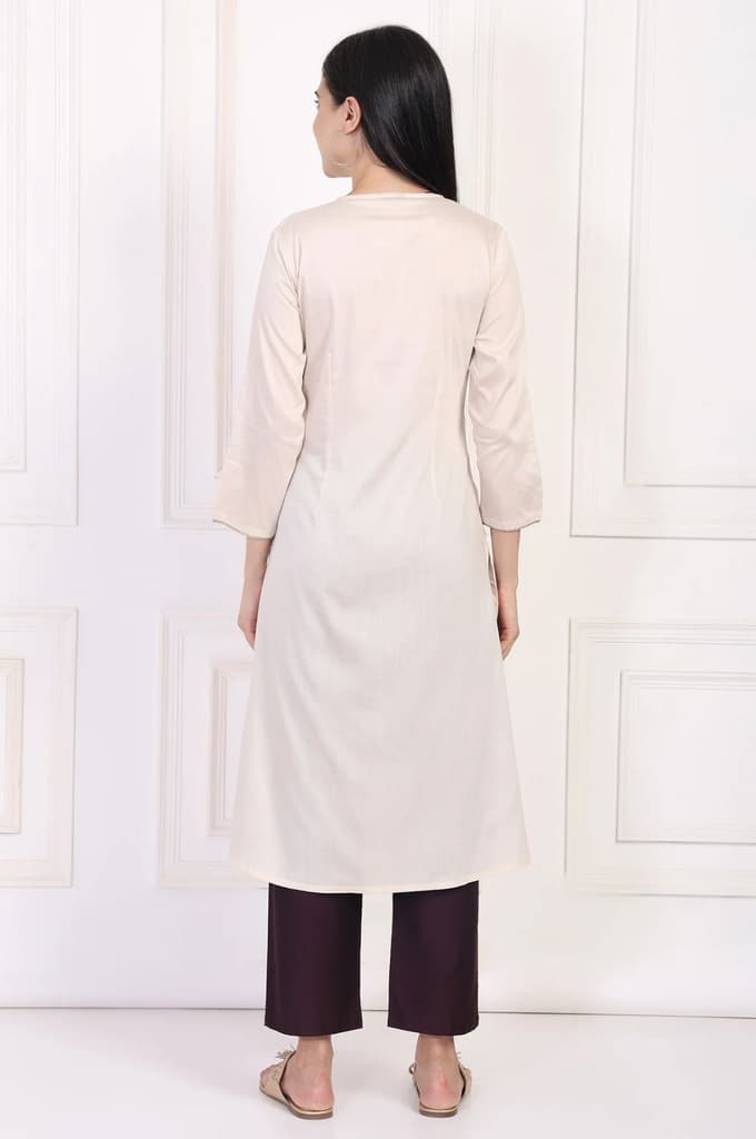 Cream Embroidered A-Line Rayon Kurta — photo 5