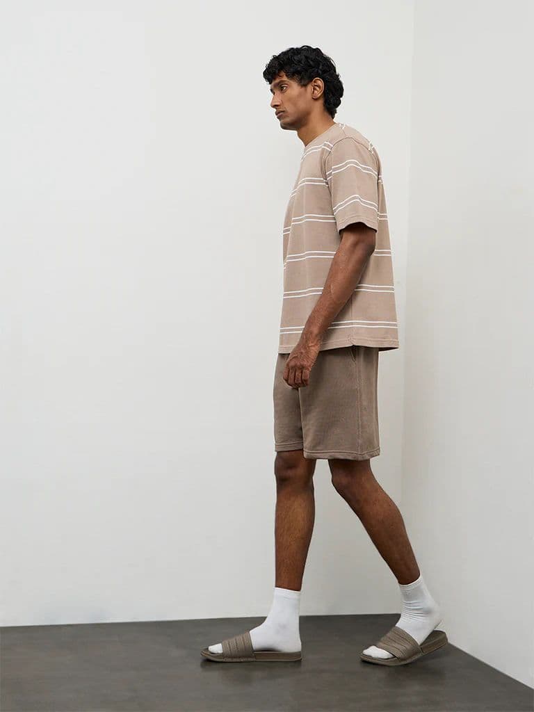 WES Lounge Beige Striped Relaxed-Fit Cotton T-Shirt — photo 2