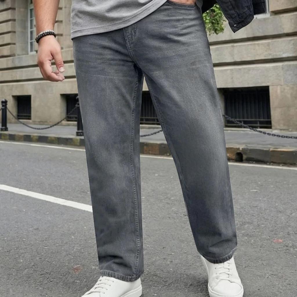 Plus Men's Light Grey Relaxed Fit Washed Denim Jeans Non-Stretchable