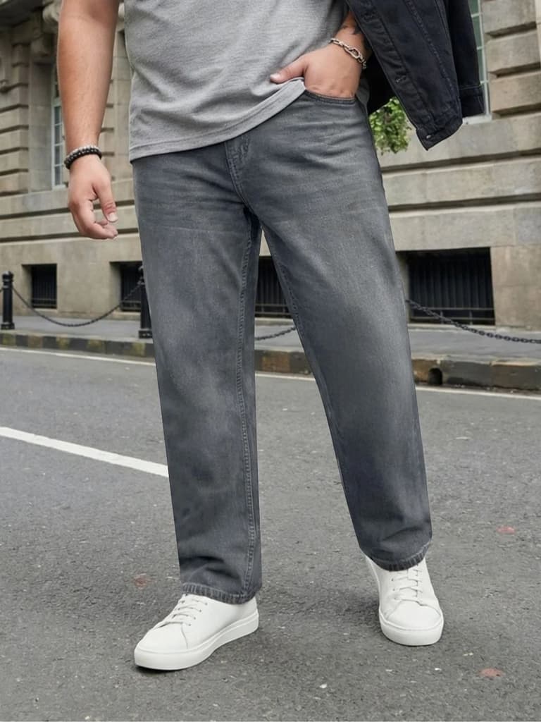 Plus Men's Light Grey Relaxed Fit Washed Denim Jeans Non-Stretchable — 36 / Light Grey