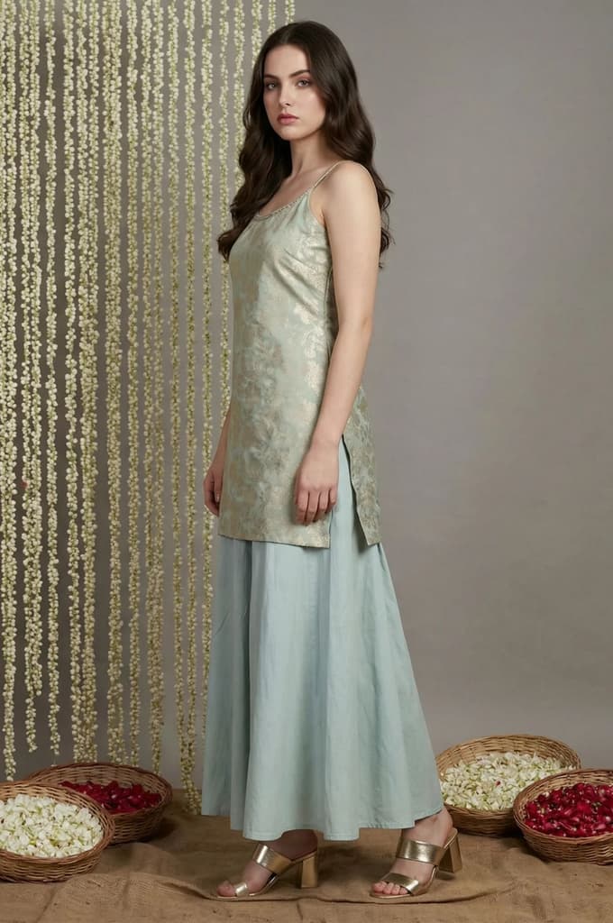Green Jacquard Zari Straight Kurta with Sharara and Dupatta — photo 3