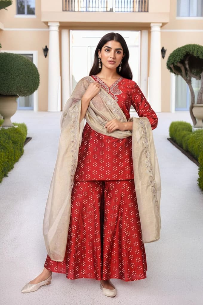 Red Embroidered Straight Art Silk Kurta with Sharara and Dupatta Set — photo 2