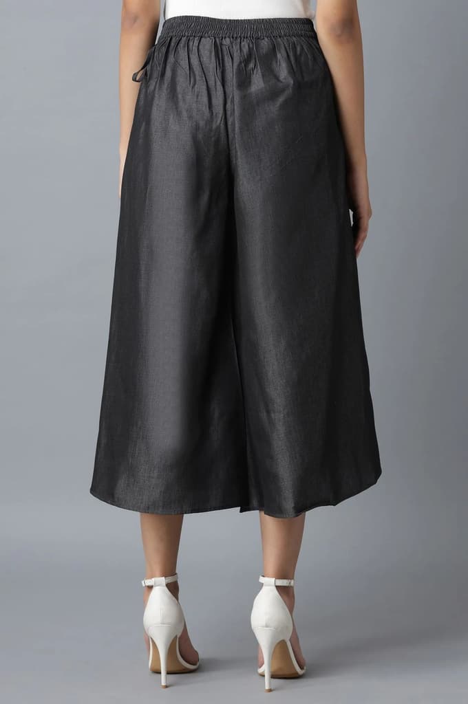 Black Solid Flared Cotton Culottes With Drawstring — photo 2