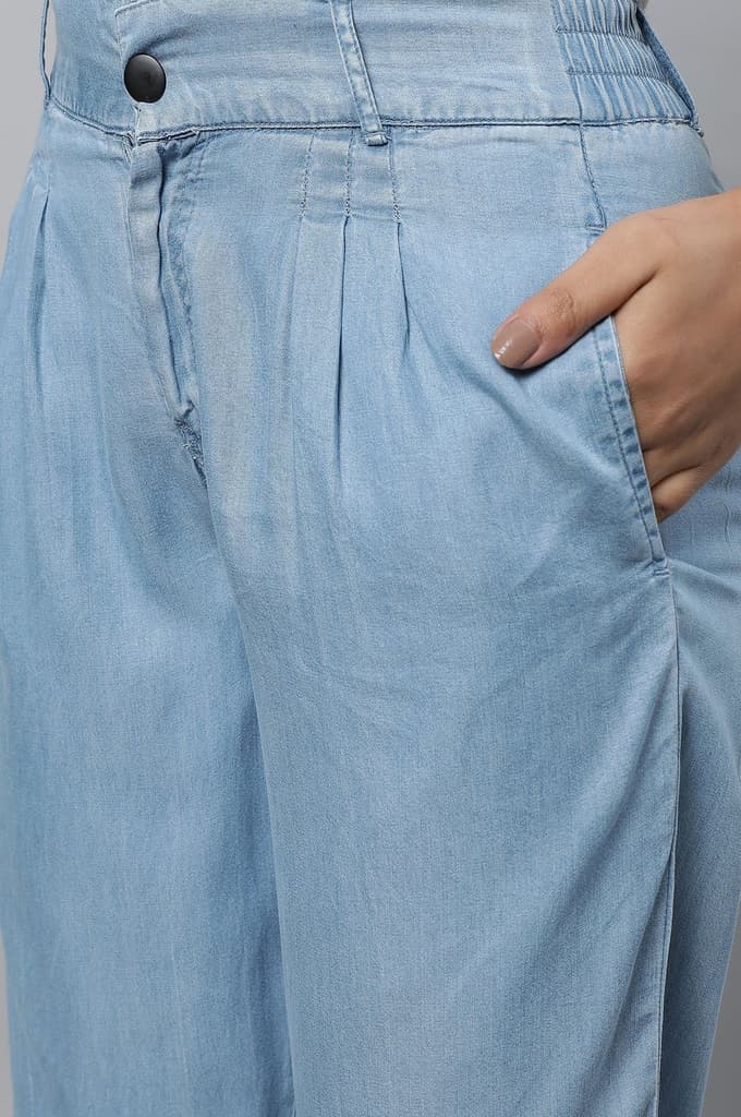 Light Blue Solid Straight Fit Denim Palazzo With Pleated Detail — photo 7