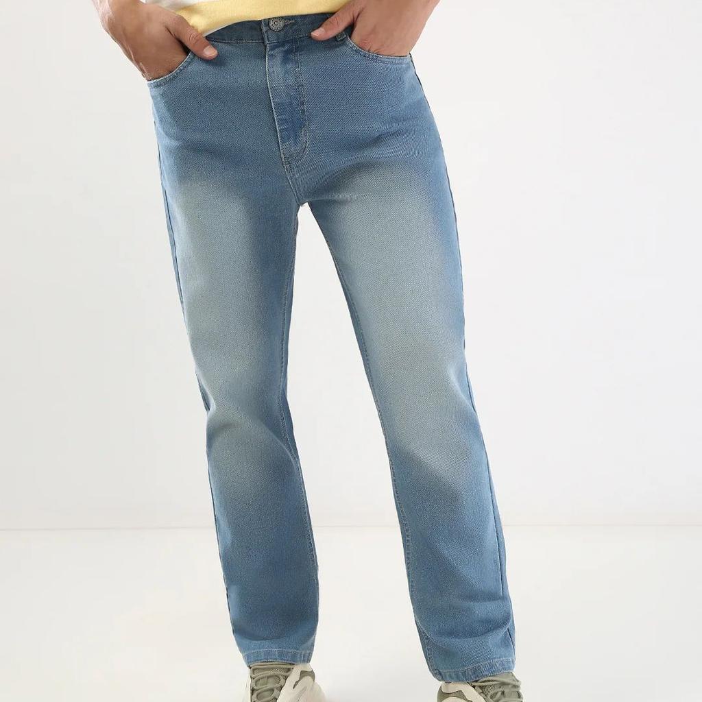 Men's Light Blue Straight Fit Washed Jeans Stretchable