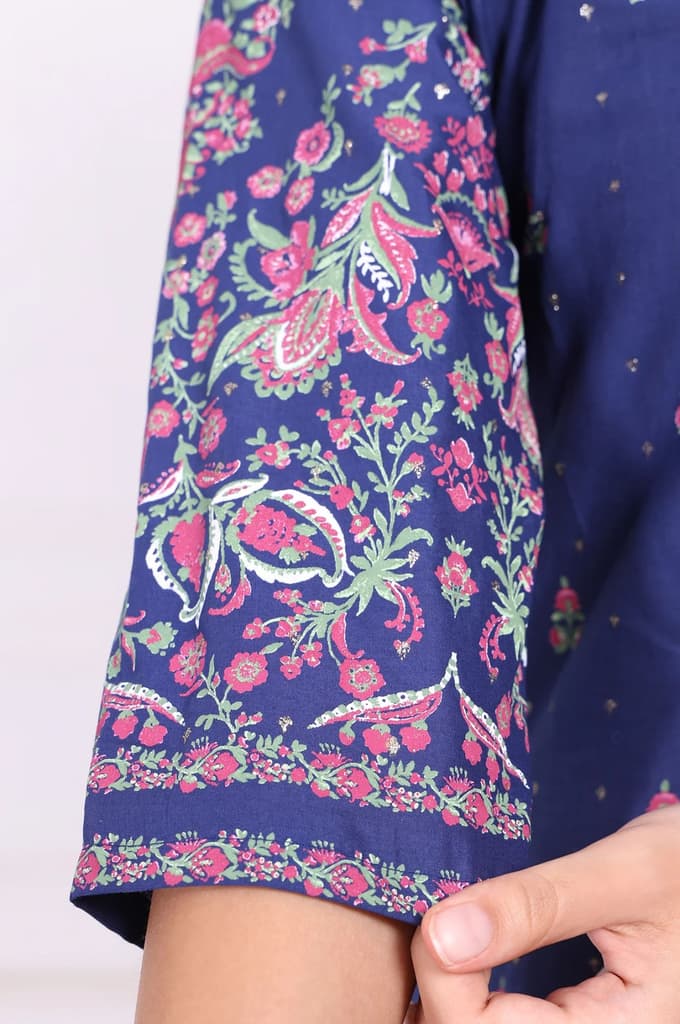 Blue Floral Printed Embroidered Straight Cotton Kurta with Sharara and Dupatta Set — photo 7