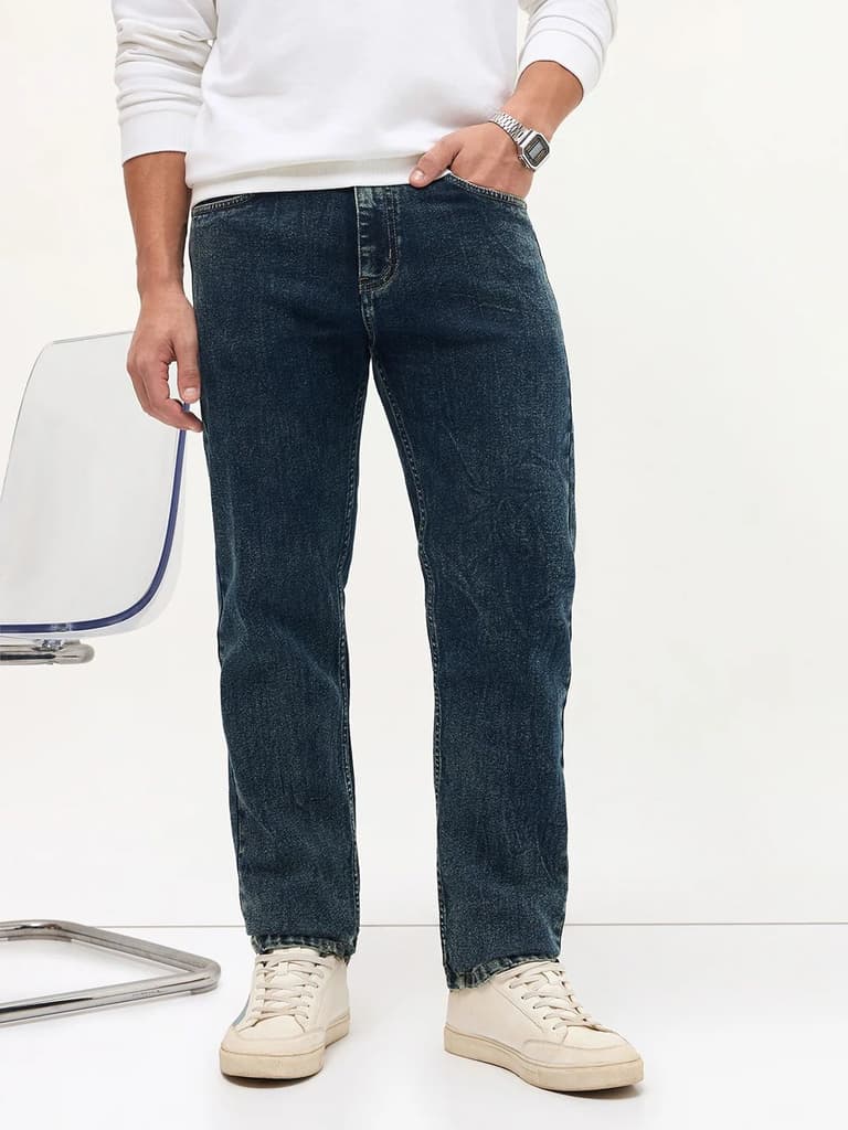 Men's Dark Blue Regular Fit Towel Washed Yellow Tint Denim Jeans Stretchable — photo 2