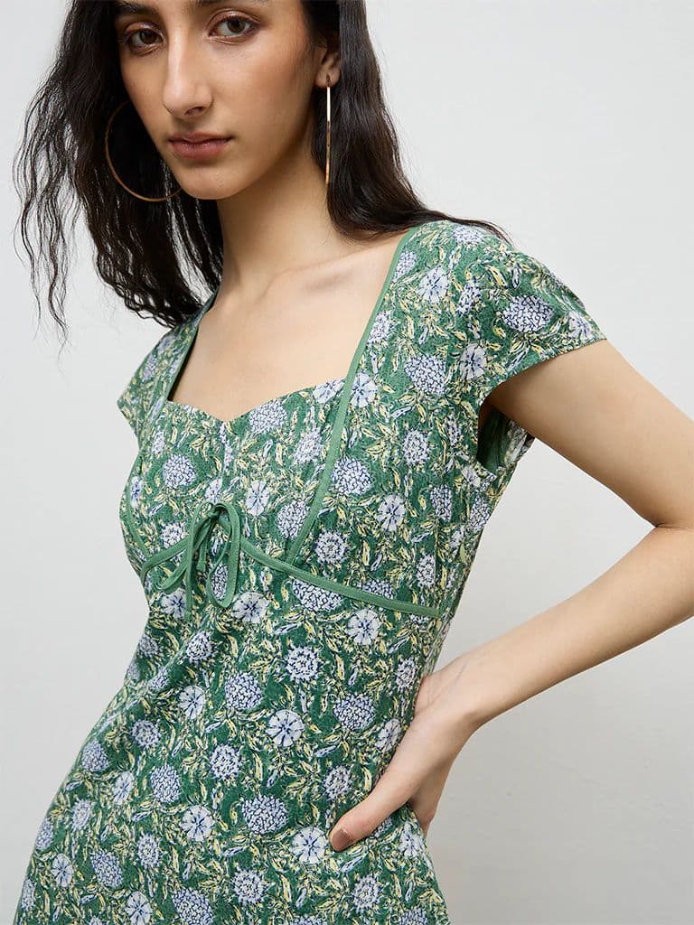 Bombay Paisley Green Floral Pattern Cotton A-Line Dress — photo 3