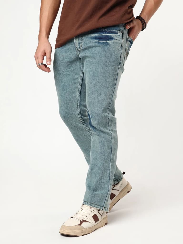 Men's Ice Blue Bootcut Fit Mid Rise Acid Wash Jeans Stretchable — photo 2