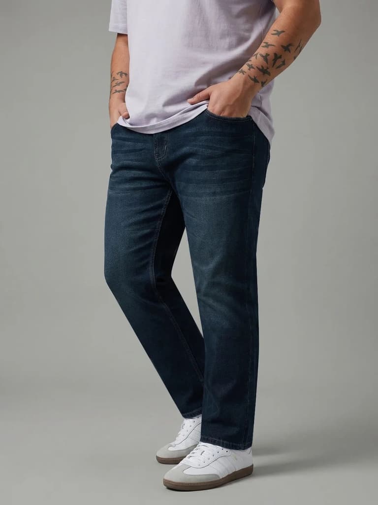 Plus Men's Dark Blue Relaxed Fit Washed Denim Jeans Non-Stretchable — photo 2