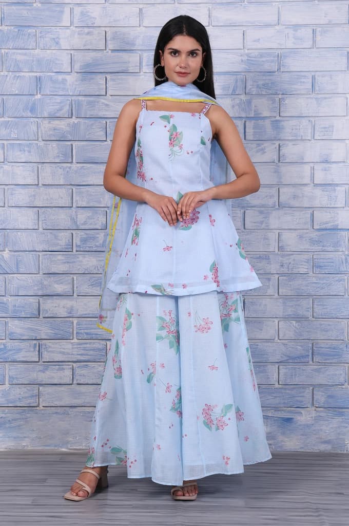Blue Floral Printed Thread Embroidered Kota Flared Kurta, Flared Pant And Dupatta Set — photo 2