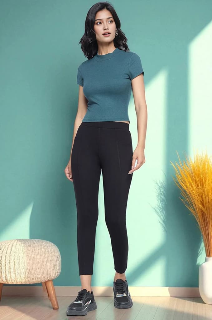 Black Solid Mid Rise Tights in Calf Length — photo 6