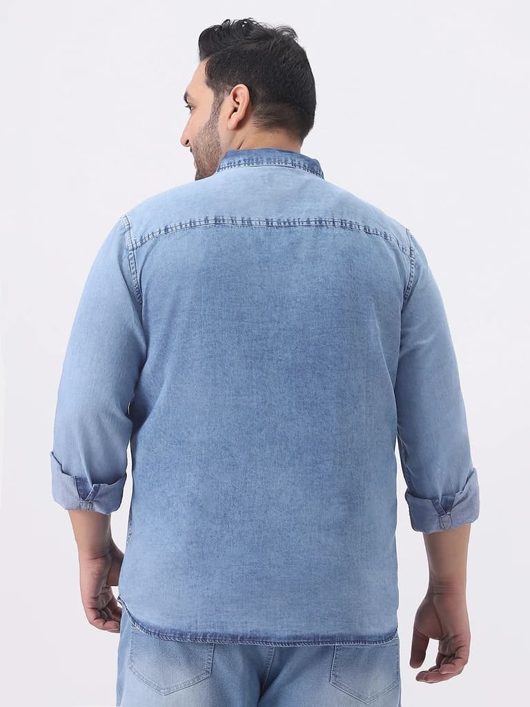 Plus Men's Ice Blue Regular Fit Full Sleeve Washed Denim Shirt — photo 4