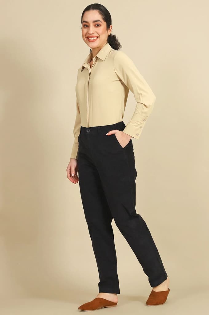 Navy Blue Solid Straight-fit Cotton Pants with YKK Zipper