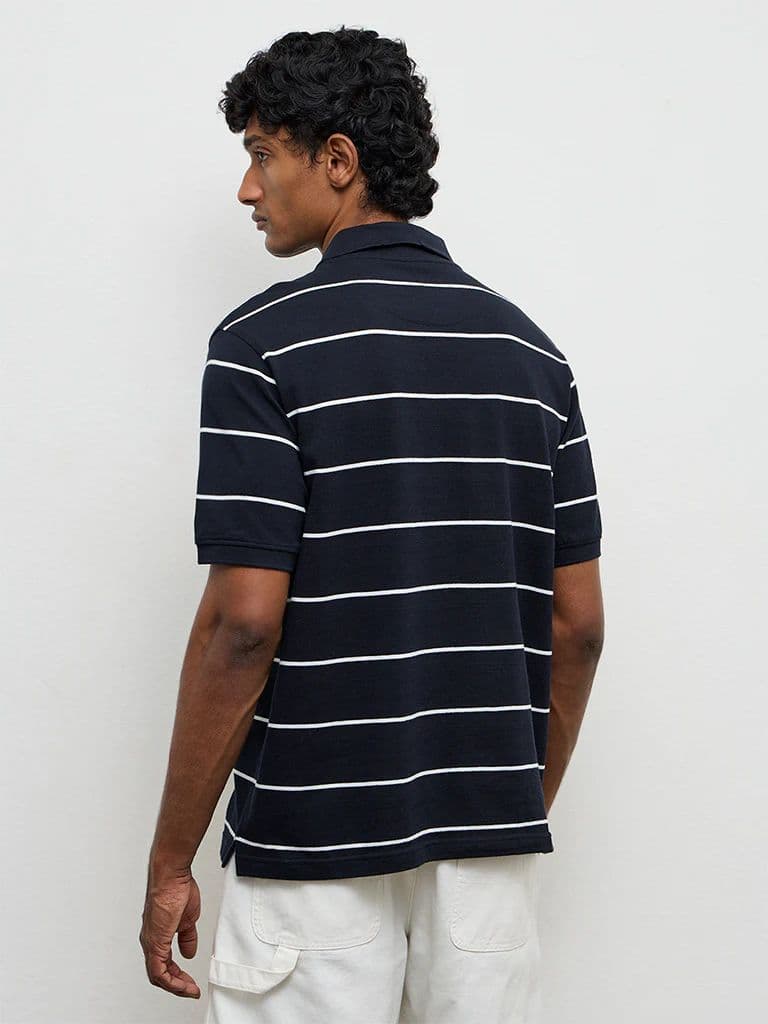 WES Casuals Navy Striped Relaxed-Fit Cotton Polo T-Shirt — photo 4