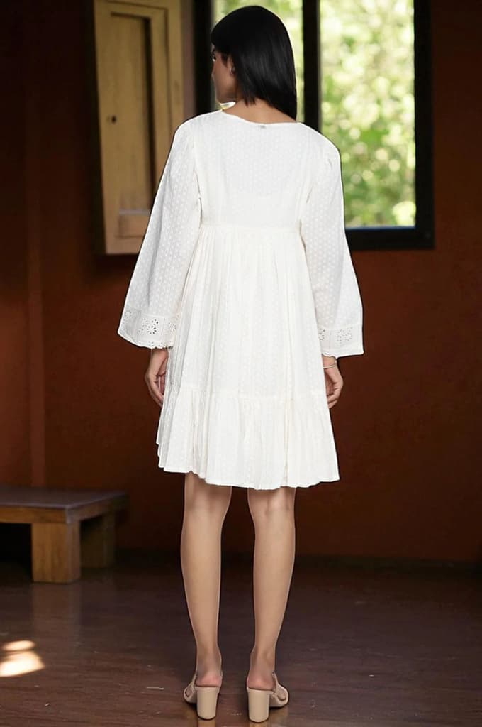White Schiffli Embroidered Flared Cotton Dress — photo 5