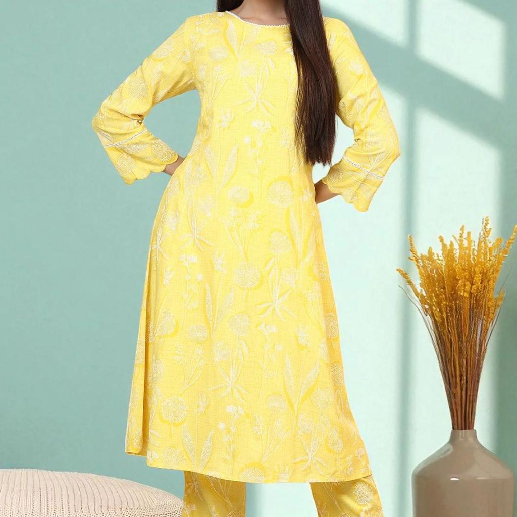 Yellow Floral Printed Rayon A-line Kurta and Pants Set