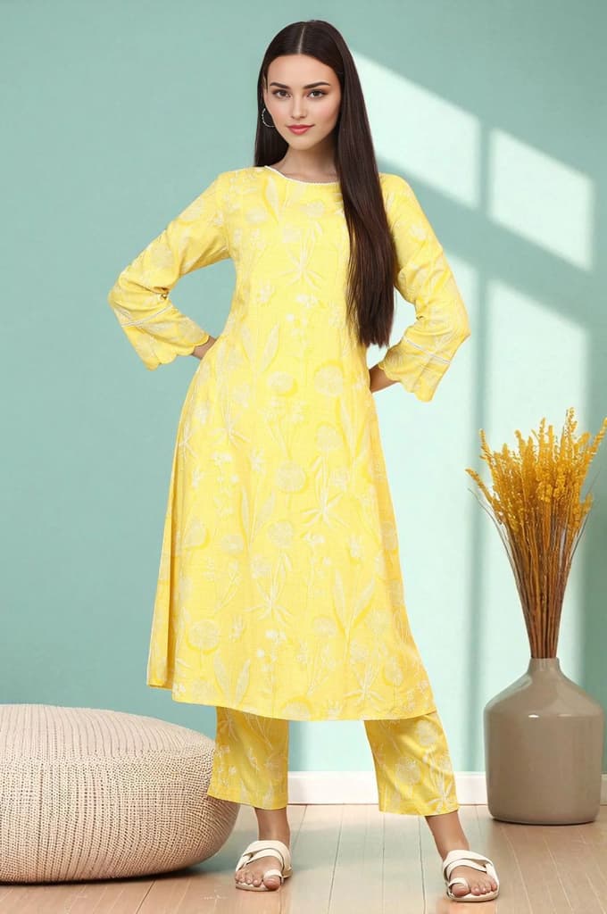 Yellow Floral Printed Rayon A-line Kurta and Pants Set — XS