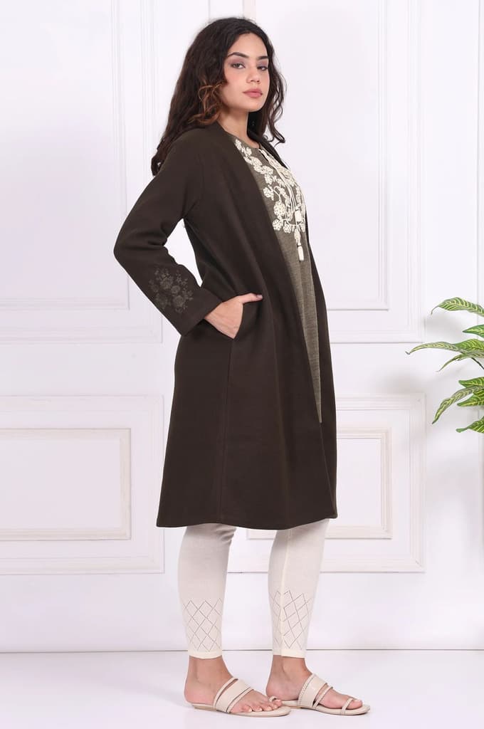 Olive Solid Embroidered Straight Coat — photo 5