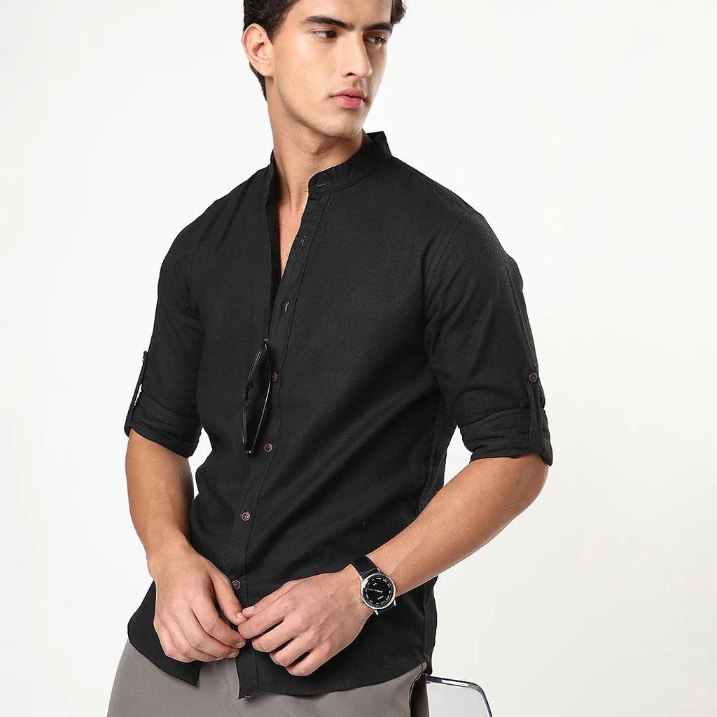 Men's Black Linen Blend Full Sleeve Relaxed Fit Mandarin Collar Casual Solid Shirt