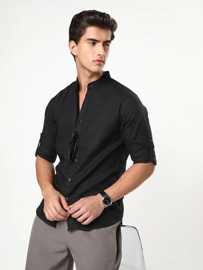 Men's Black Linen Blend Full Sleeve Relaxed Fit Mandarin Collar Casual Solid Shirt — S / Black
