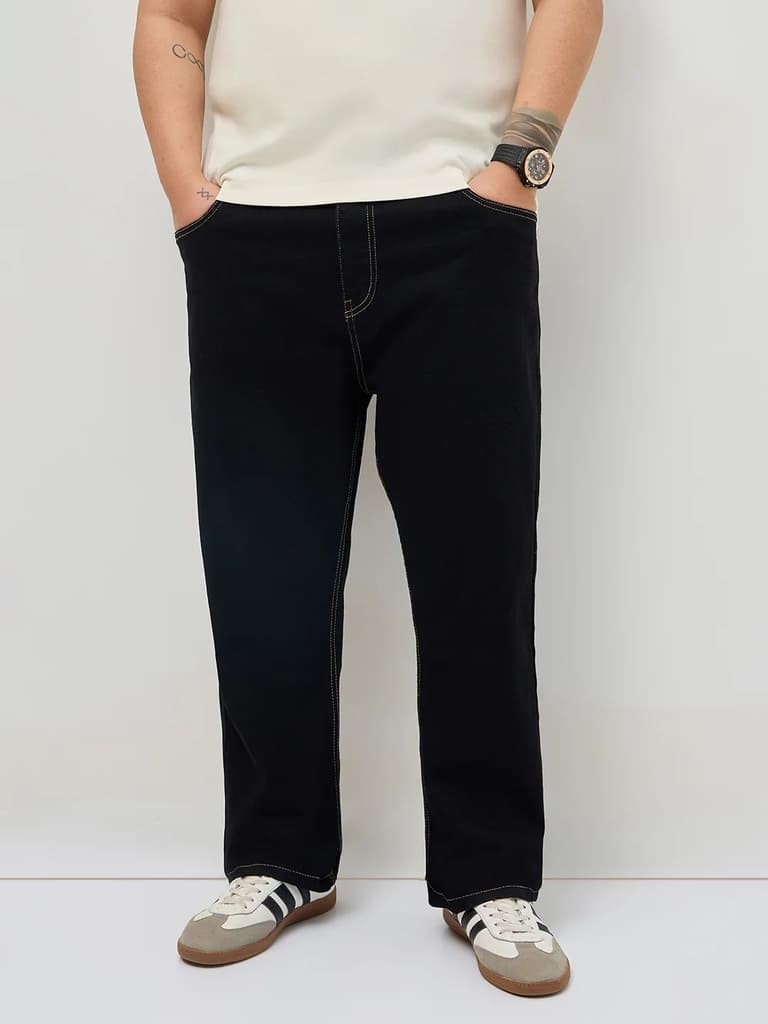 Plus Men's Black Straight Fit Raw Washed Denim Jeans Stretchable — 36 / Black
