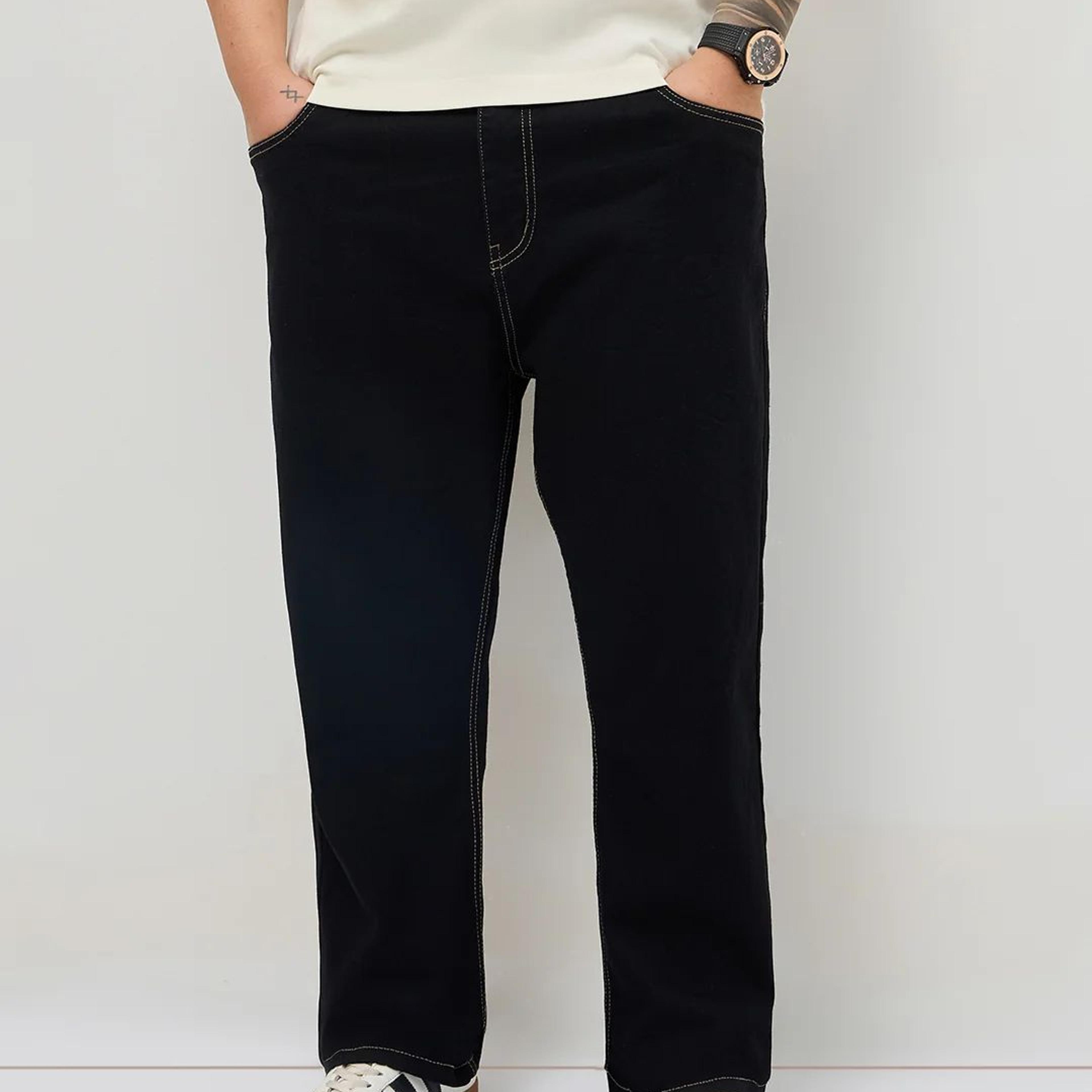 Plus Men's Black Straight Fit Raw Washed Denim Jeans Stretchable
