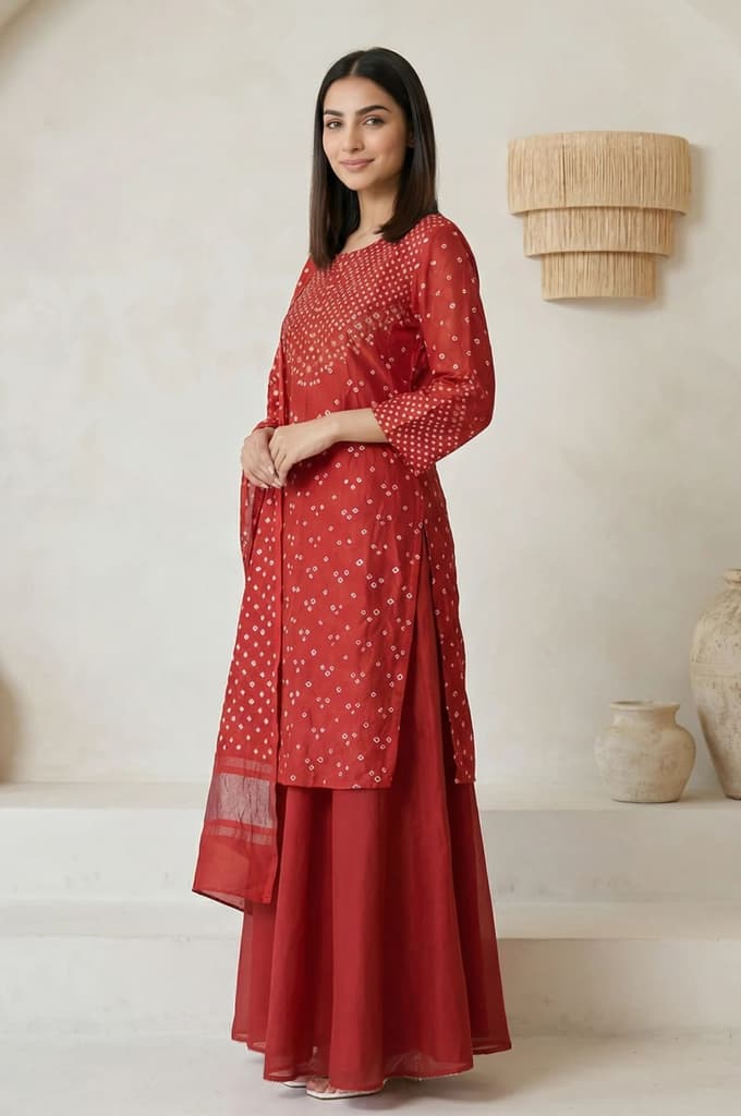 Red Bandhni Mirror Work Silk Blend Straight Kurta with Pant and Dupatta Set — photo 3